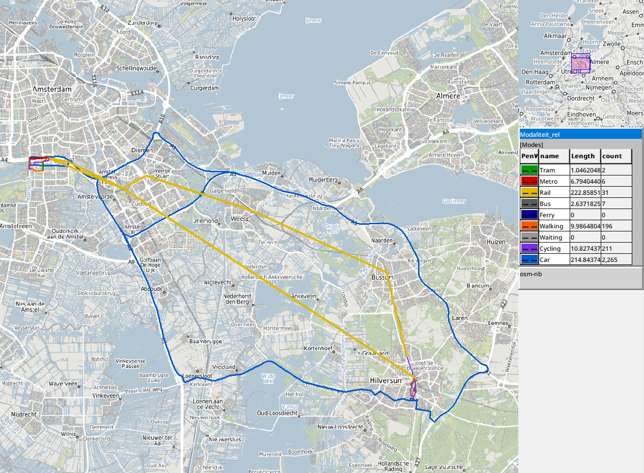 The routes of the merged front from Laapersweg 1 Hilversum to the VU, coloured by mode: car blue, train gold, walking orange, cycling purple