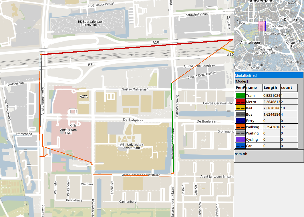 Detail at the VU: train to Amsterdam Zuid, metro 50, bus 357 and tram 6, and the walks to the centre of the neighbourhood
