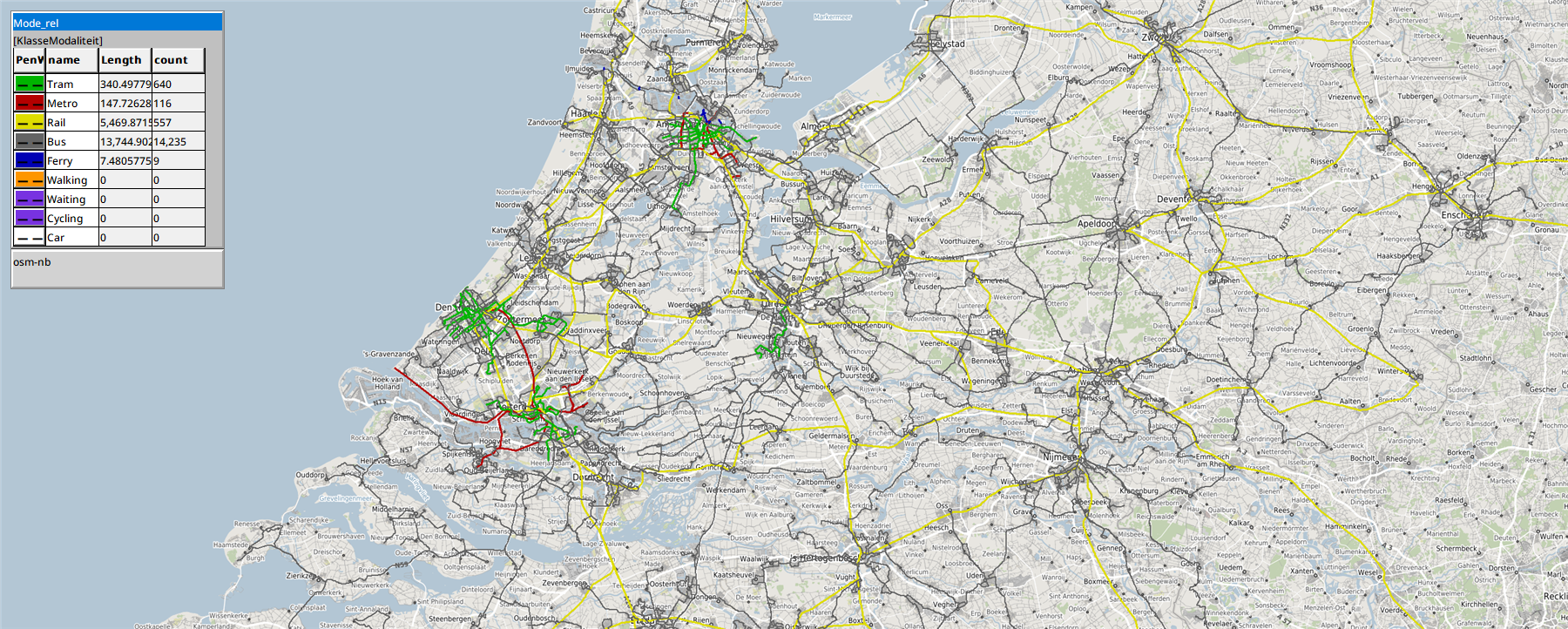 Segments between 23:00 and 24:00 on Tuesday 13 October 2026, coloured by mode, in a map view of the GeoDMS GUI